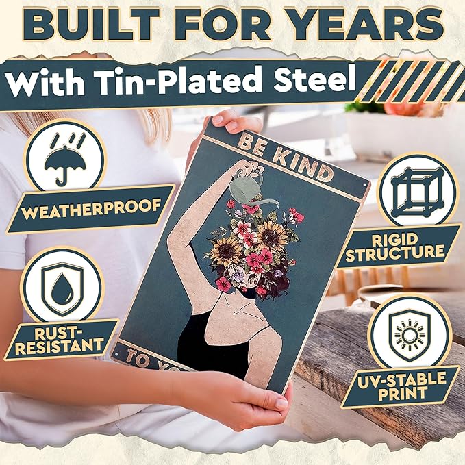 Be Kind to Your Mind Wall Art - Metal Signs Vintage Room Decor 12x8 In - Tin Inspirational Boho Wall Art, Whimsical Decor for Home, Office, Bedroom, Living Room & Cafes | Vintage Gifts for Women