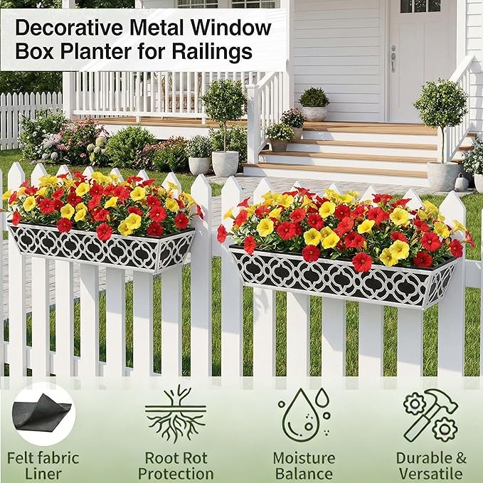 2 Pack 30 Inch Railing Planter Boxes with Adjustable Brackets & Non-Woven Liner, Deck Window Hanging Flower Box for Balcony, Fence, Patio, Outdoor Garden, Gray