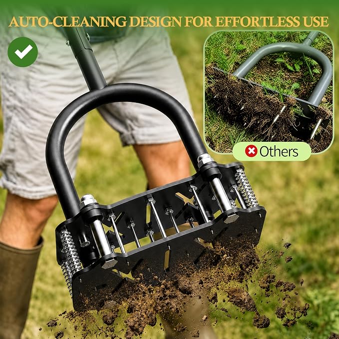 2026 Upgrade Manual Lawn Aerator Tool with a Replaceable Lawn Cutter, Spring‑Loaded Automatic Dirt and Loose Soil, Height Adjustable Metal Yard Aerator Lawn Aeration（Two Kit