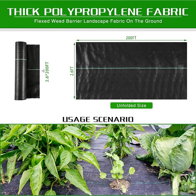 Weed Barrier Landscape Fabric Heavy Duty, 2.6FT x 200FT Thicken Garden Blocker Fabric Weed Mats, Weed Control Garden Cloth, Woven Geotextile Fabric for Garden Beds, Underlayment, Commercial Driveway
