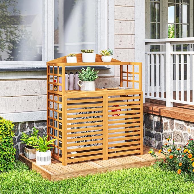 Outsunny Outdoor Air Conditioner Fence with Open Shelves, Wood Outdoor Privacy Screen Potting Table, Pool Equipment Enclosure for Patio, Slatted AC Fence for Outside Unit, Light Brown