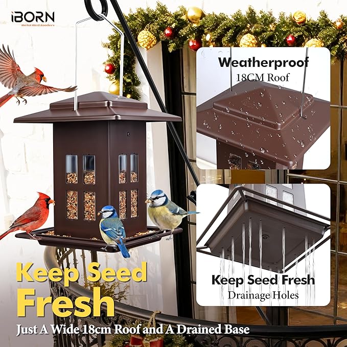 iBorn Bird Feeder for Outdoor Hanging,Metal Bird Feeder Hanging Outside for Cardinal, Double-Sided Hanger Wild Birdfeeder All Metal Constructions, Holds 2.6LB Seed, Bronze,8 Ports