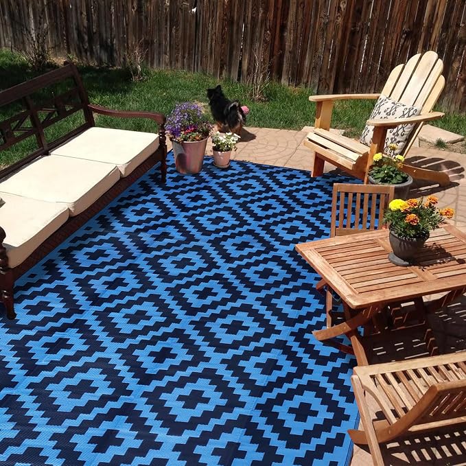 SAND MINE Waterproof Outdoor Rug 9x18 ft, Plastic Reversible Rug, Modern Area Rug, Large Floor Mat for Outdoors, RV, Patio, Backyard, Deck, Picnic, Beach, Camping, Blue