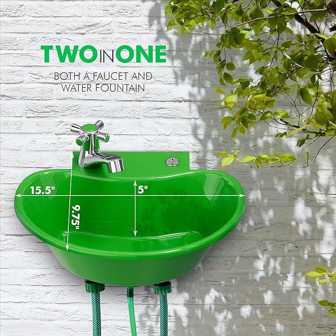 Tribello Outdoor Sink and Drinking Fountain - 2 in 1 Easy to Install Outdoor Garden Sink for Hand Washing, Gardening, Vegetable Washing, Grilling, Garage Work and More (16x10x5)