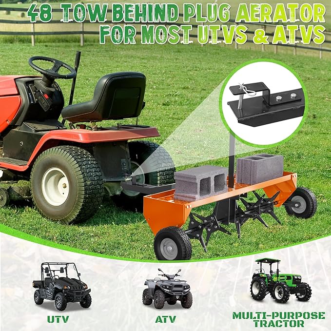 PPOLB 48" Lawn Aerator Tow Behind, Plug Aerator Tow Behind with Universal Hich, Orange Painted Galvanized Steel with Tray and Inflatable Wheels, Pull Behind Aerator for Garden, Farm and Lawn