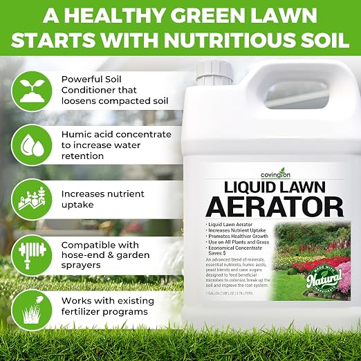 Covington Liquid Lawn Aerator (1 Gallon) – Soil Conditioner & Softener for Lawns & Gardens – Loosens Clay & Compacted Soil for Better Water & Nutrient Absorption – Liquid Aeration Concentrate