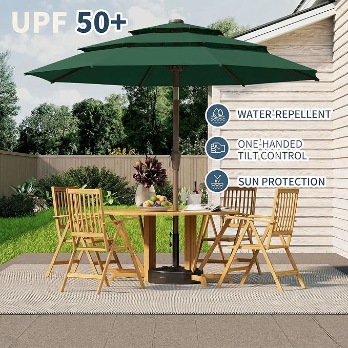 10FT Patio Umbrella 3 Tiers Outdoor Market Umbrella w/Push Button Tilt, Crank, UV and Waterproof Table Umbrella for Garden, Pool, Backyard, Deck, Lawn, Forest Green