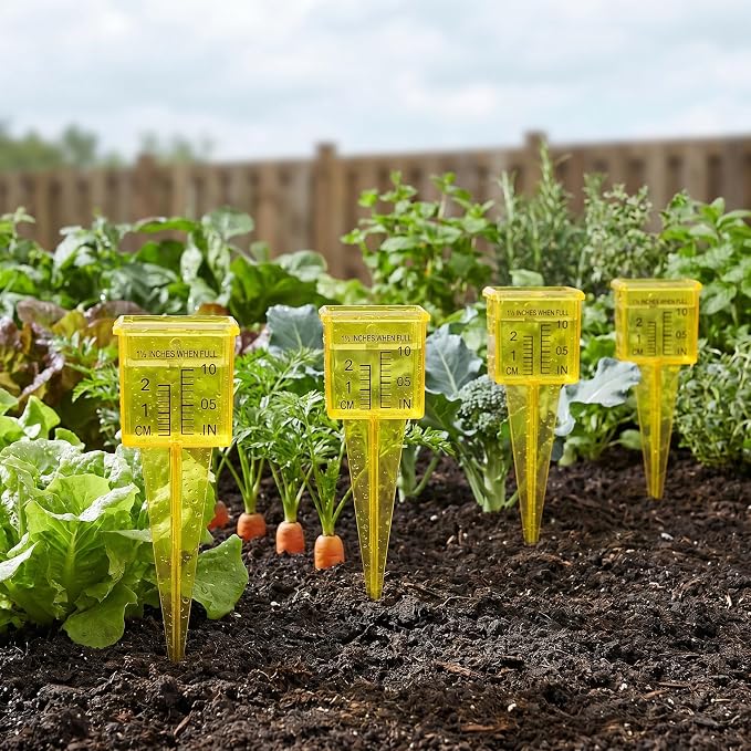 4 Pack Rain Gauge Outdoor, 1.5" Plastic Water Gauge for Rain with Wide Mouth & Ground Stake, Sprinkler Measuring Cup Tool for Yard Lawn Garden Irrigation, High Visibility Yellow Weather Instrument