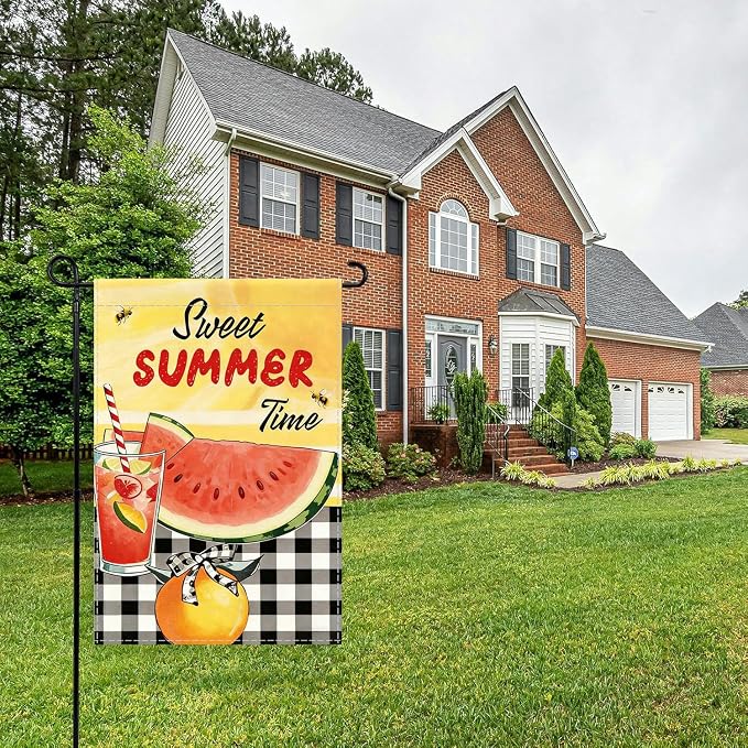 Sweet Summer Time Garden Flag, Buffalo Plaid Check Lemon House Yard Watermelon Bee Lemonade Outside Decoration, Seasonal Farmhouse Outdoor Small Burlap Decor Double Sided 12x18 Farmhouse Outdoor Yard Decoration