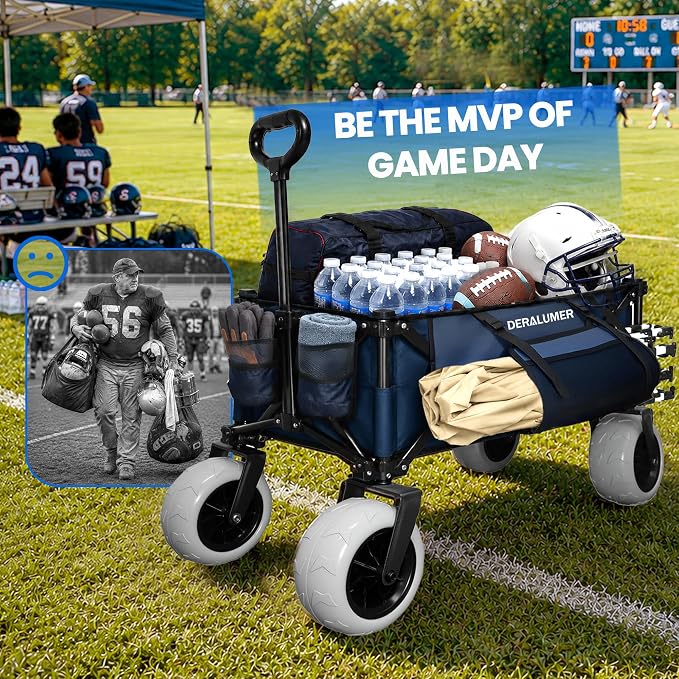 X800 Heavy Duty Beach Wagon with 9x4 Sand-Proof All-Terrain Wheels, 300L Oversized Foldable Wagon Cart with Side Bag, All-Terrain Utility Wagon for Beach Essentials, Sport, Camping (Navy Blue)