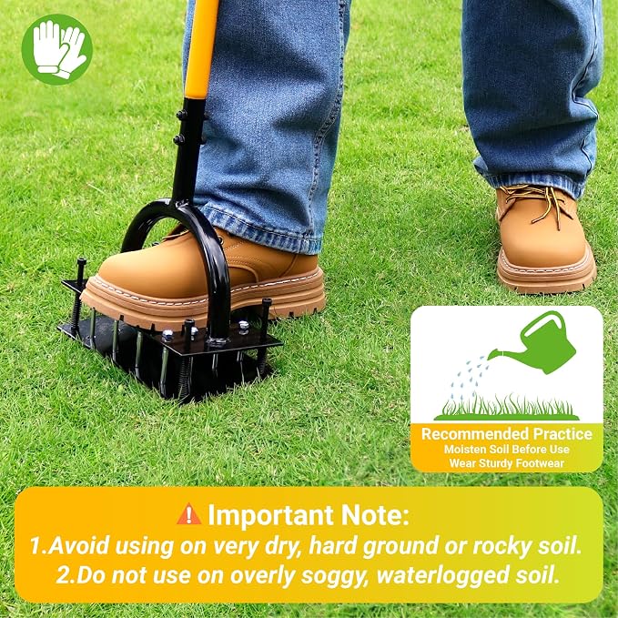 Manual Lawn Aerator Tool – Spring-Loaded Self-Cleaning Soil Loosener with 16 Steel Spikes – Heavy Duty Spike Aerator for Compacted Lawns & Grass Root Growth