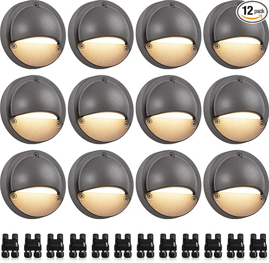 SUNVIE 12 Pack Low Voltage Deck Lights 5W LED Landscape Step Stair Lights Outdoor with Fastlock2 Wire Connector 3000K 12-24V Accent Lighting for Garden Post Fence 3.2FT ETL Listed Cord