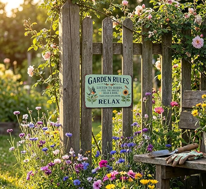 Garden Rules Metal Sign, Vintage Relax Garden Wall Art with Bird Sunflower, Retro Outdoor Decor Plaque for Patio Porch Yard She Shed Greenhouse Home Garden Decor 8x12 Inch