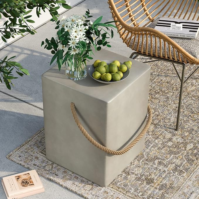 SUNBURY Concrete Side Table Set of 2, Outdoor Side Table for Patio, 18" H Outdoor Accent Table w Hemp Rope, Patio Side Table End Table in Medium Gray, Ceramic Side Table Garden Stool Log Table