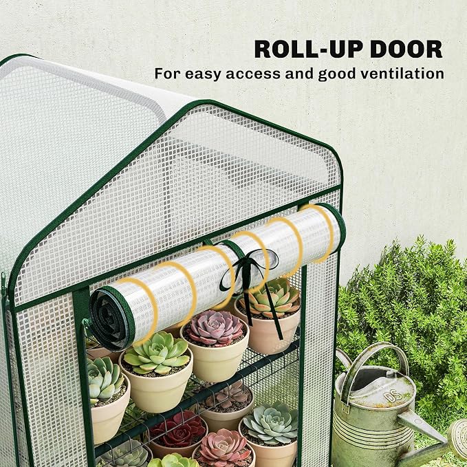 Outsunny 3 Tier Mini Greenhouse with Screen Roof, 27.6" x 19.7" x 50", Portable Small Greenhouse with High Strength PE Cover, Roll-Up Zipper Door for Garden Yard Backyard, White