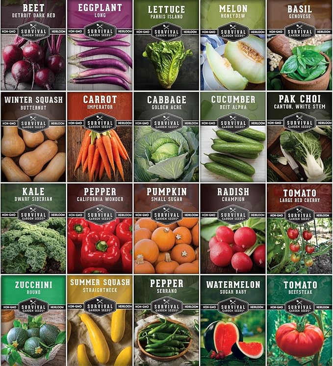Vegetable Garden Starter Kit – 20 Variety Heirloom Non-GMO Seeds for Planting | Giftable Family Garden Kit for Beginner Victory Gardens – Start Growing Indoors or Outdoors – Survival Garden Seeds