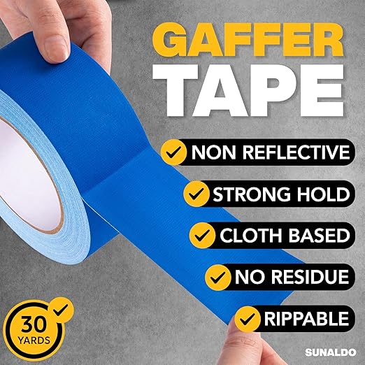 Gaffers Tape Heavy Duty, Easy to Rip, Residue-Free Professional Grade Floor Tape for Electrical Cords, Matte Finish Non Reflective, Weather Resistant (6, Blue, 2" x 30 Yards)