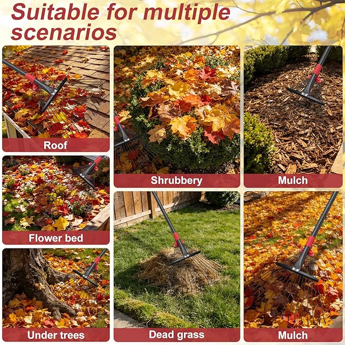Adjustable Metal Leaf Rake for Leaves, 76-Inch Long Handle Yard Rake with 18 Metal Tines & 8-18" Expandable Head, Lightweight Garden Rake for Lawns, Grass Clippings, Pine Needles