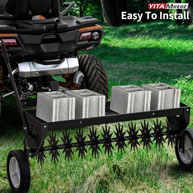 YITAMOTOR 40" Tow Behind Spike Aerator, Durable Lawn Aerator for Soil Penetrator with Transport Wheels & Galvanized Plug Coring Tines & Universal Hitch Tow Bar & Side Control Handle for ATV, Black