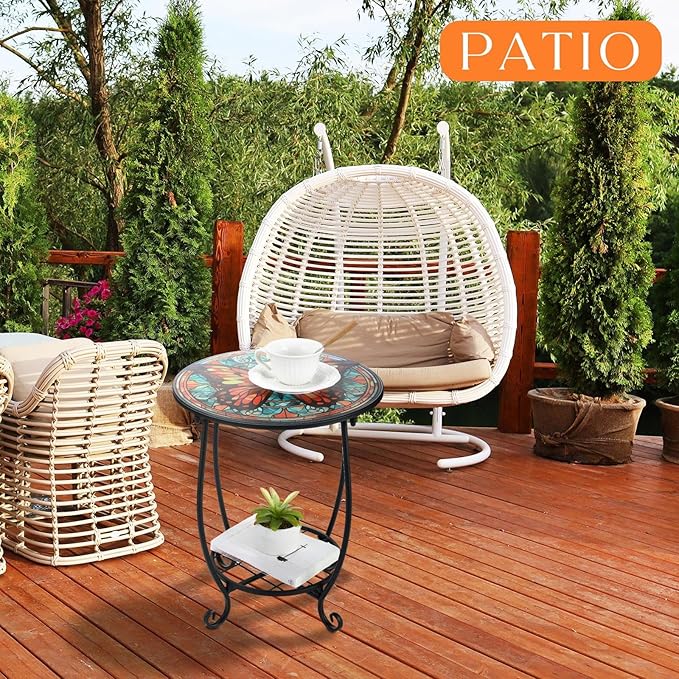 Cinnvoice Outdoor Side Table Round Small Mosaic Patio Accent Indoor End Plant Coffee Tea Table for Yard Patio Porch Garden Living Room, Bedroom(Butterfly B Style,14 Inch)