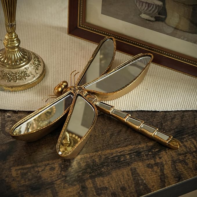 Decorative Bug and Dragonfly Mirrors - Gold Resin and Glass Wall Decor, Perfect for Victorian and European Themed Homes