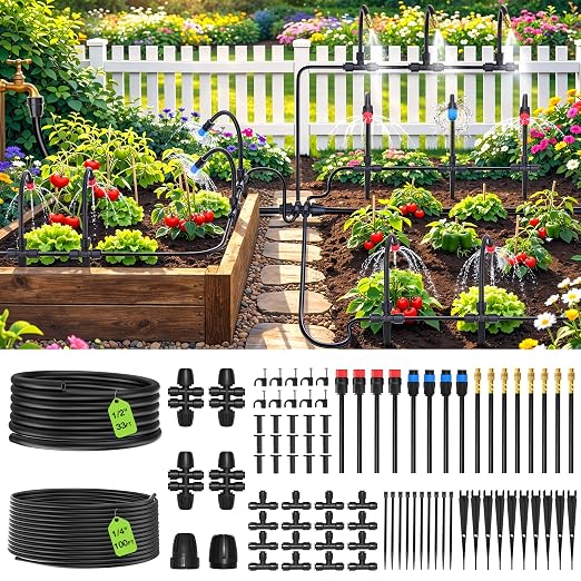 MIXC 2026-Upgrade 360° Adjustable Drip Irrigation System Kit, 133FT Bendable Watering Misting System with 3 Spray Nozzle Types, 1/2" (33FT) & 1/4" (100FT) Tubing for Garden Raised Bed Lawn Greenhouse