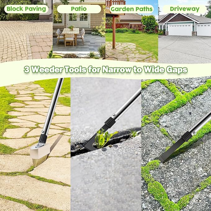 Crack Weeder Tool Set, Weed Scraper Tool Moss Brush Scraper Set Combo, 60" Crevice Weeding Tool for Sidewalk Cracks, 3 Different Weed Remover Tool Heads for Driveways, Patios, Pavers, Garden Cracks