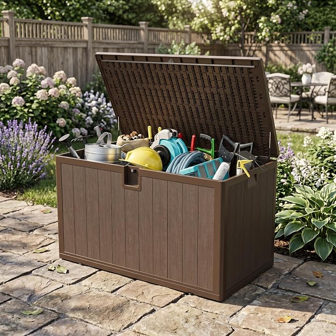 130 Gallon Resin Deck Box, Waterproof & Lockable Patio Storage Box with Hydraulic Lid for Outdoor Garden Tools, Pool Accessories & Cushions