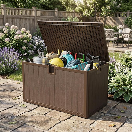 130 Gallon Resin Deck Box, Waterproof & Lockable Patio Storage Box with Hydraulic Lid for Outdoor Garden Tools, Pool Accessories & Cushions