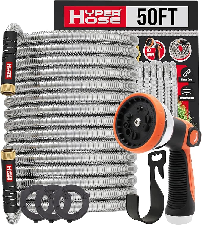 Best 50 ft Metal Garden Hose Set - No-Kink Durable 316 Stainless Steel, 10-Way Zync Spray Nozzle & Hook – Tough Flexible Heavy Duty Water Hoses, 5/8 in, Rust, Weather, LeakProof