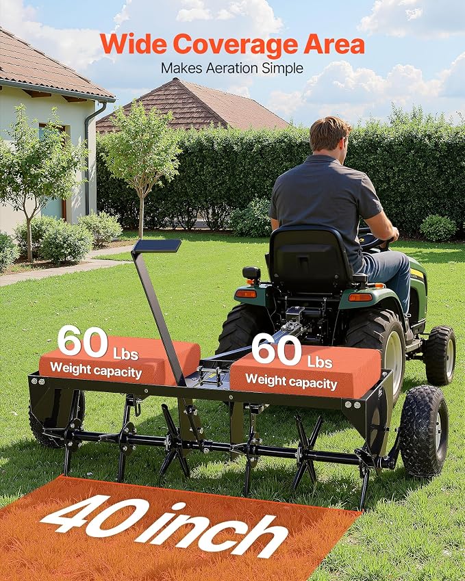 VEVOR Tow Behind Plug Aerator, 40 in Lawn Core Aerator Tool Universal Hitch, 120lbs Weight Capacity, Heavy Duty & Rust-Resistant, Pull Behind Spike Aerators with Tray for Farmland & Garden Tractors