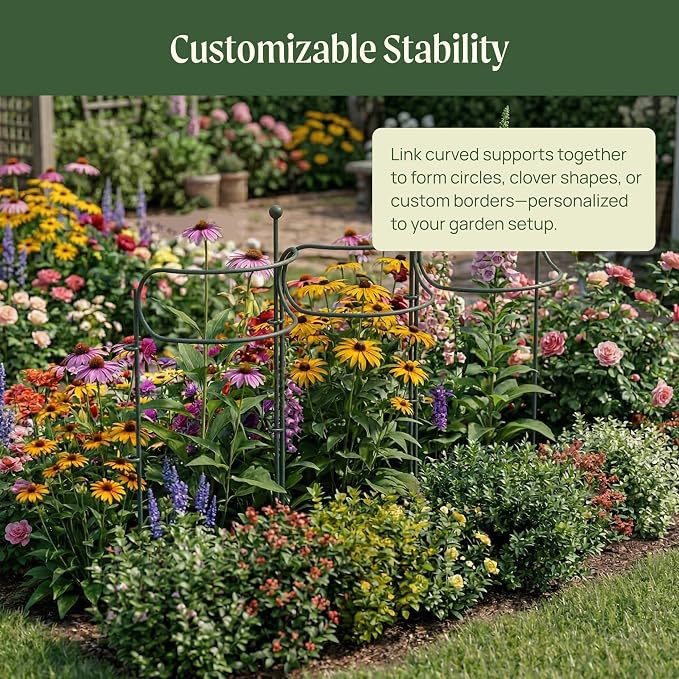 6 Pack Curved Plant Support Stakes, Dual Half Round Metal Garden Plant Stake, Peony Cages and Supports, 10"(W) x 20" (H) Flower Support Ring for Peonies, Hydrangea