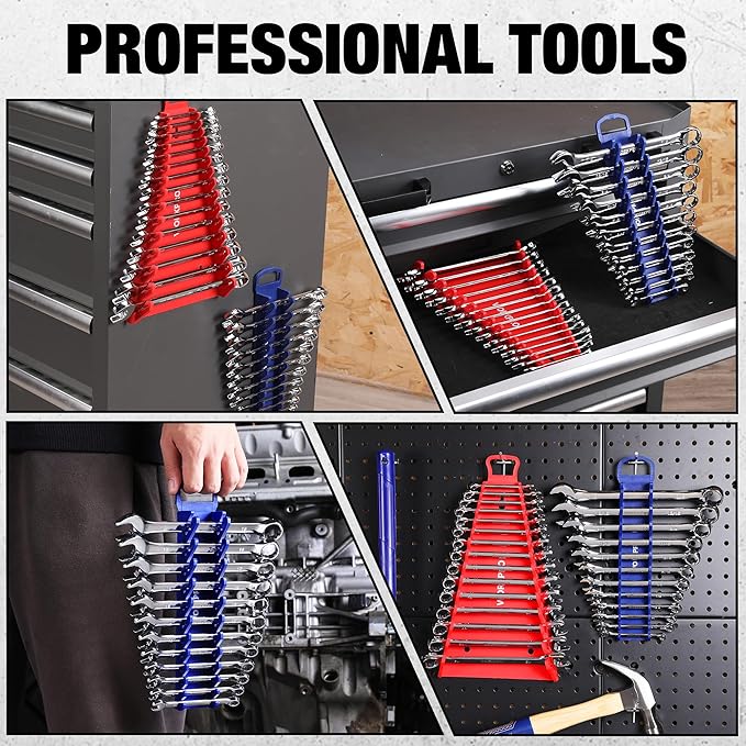 WORKPRO 4-Pack Magnetic Wrench Organizer, 2PC 15-Slot and 2PC 12-Slot Gripper Holder for Tool Boxes, Flexible Gripping Teeth and Carrying Handle, Fit for SAE and Metric, Blue, Red