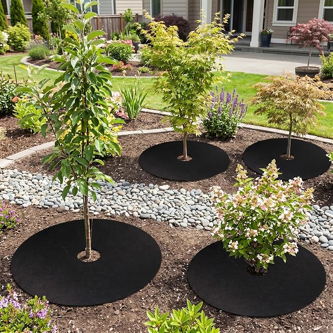 4 Pack 40.15 Inch Non-Woven Tree Mulch Ring - Degradable Tree Protector Mat, Biodegradable & Reusable Tree Mulching Ring for Landscaping, Weed Control, and Root Protection（Black）