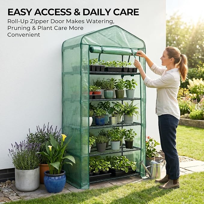 Worth Garden 5 Tier Mini Greenhouse - 75'' H x 27'' L x 19'' W - Sturdy Portable Gardening Shelves with Durable PE Cover w/ Roll-Up Zipper Door- Small Green House Indoor & Outdoor for Plants Flowers