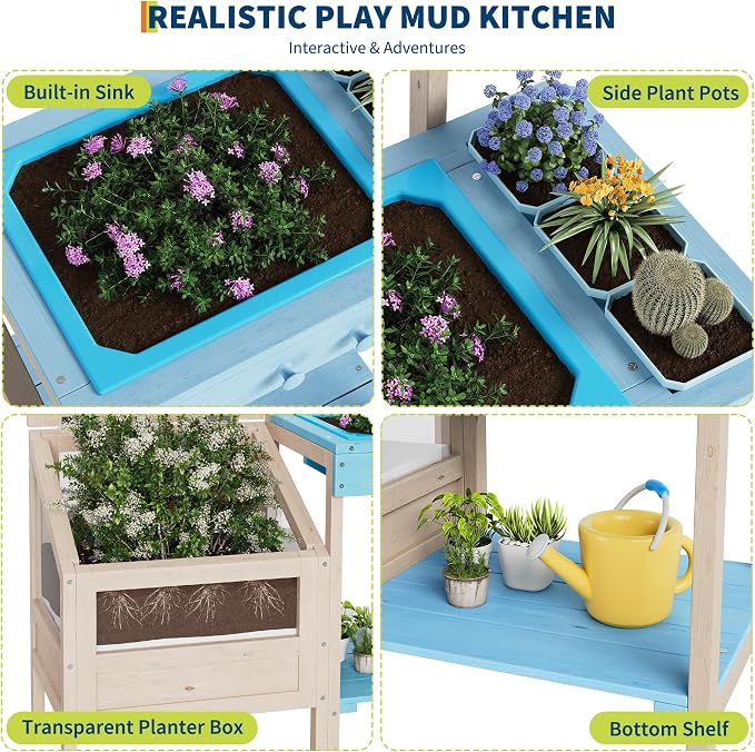 Outdoor Garden Potting Bench Table All-Weather Garden Table Work Station with Transparent Planter Box Raised Garden Bed 3 Side Plant Pots and Storage Shelf for Lawn Garden