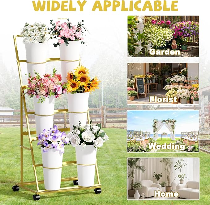 Invech Flower Display Stand with 6 Buckets, 3 Tier Gold Flower Cart Display Stand for Indoor Outdoor Garden, Wedding, Florist
