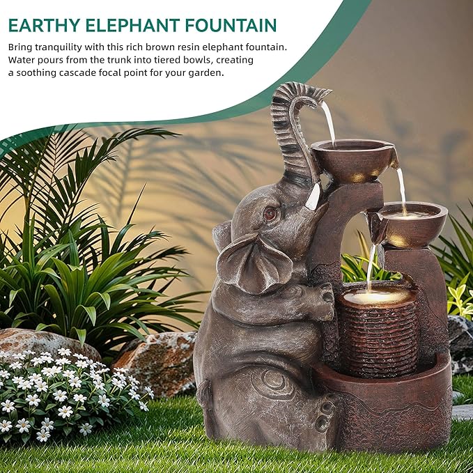 20" Outdoor Fountain, 3-Tier Playful Elephant Sculpture Water Feature with LED Lights, Resin Soothing Cascading Waterfall for Patio, Backyard, Garden or Porch