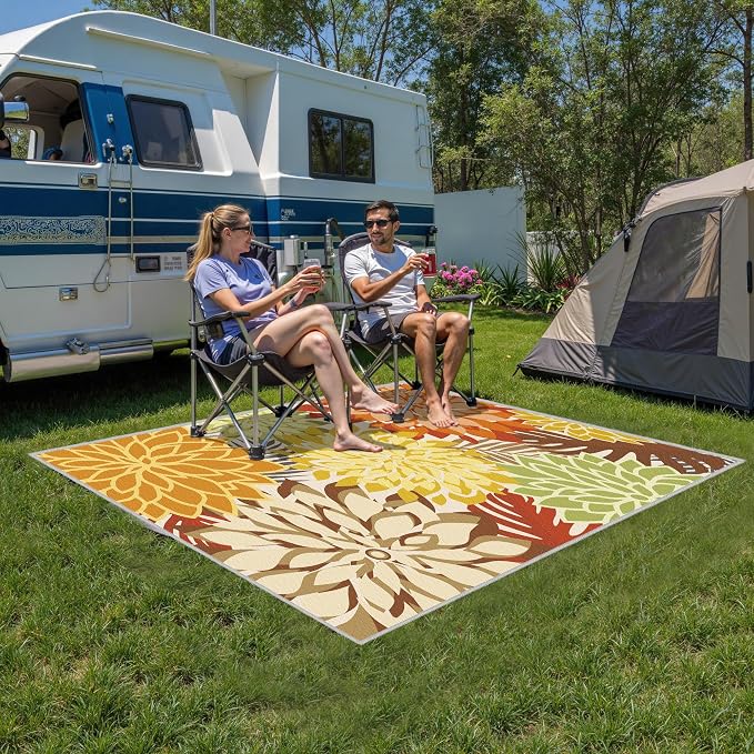Colorful 5x8 Outdoor Area Rug Washable Multicolored Patio Rug Tropical Botanical Floral Chenille Waterproof Outdoor Carpet for Living Room, Deck, Backyard, Porch, Orange