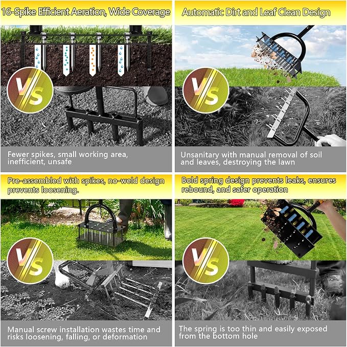 Lawn Aerator Tool with 16 Steel Spikes, Grass Aerator Lawn Tools with Spring-Loaded Design & Adjustable T-Handle, Pre-Assembled Hand Aerator Lawn Tool for Lawn, Courtyard and Garden