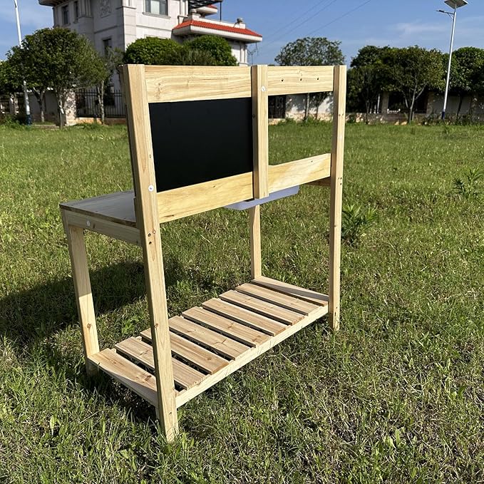Kids Wooden Potting Bench with Chalkboard, Removable Basin, Storage Shelf and Hooks, Outdoor Garden Work Table,Educational Gardening Tools (Wood)