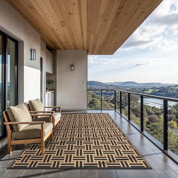 GENIMO Outdoor Rug for Patio Clearance, 6'x9' Reversible Geometric Plastic Straw Rugs, Lightweight Waterproof RV Camping Mat for Camper, Balcony, Deck, Backyard, Picnic, Black Brown