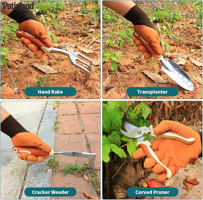 Brown Garden Tool Sets, Gardening Hand Tools Kit with Non-Slip Ergonomic Handle, Storage Tote Bag, Gardening Gloves, Apron, Repotting Mat & Spray Bottle, Gardening Gift for Women Men