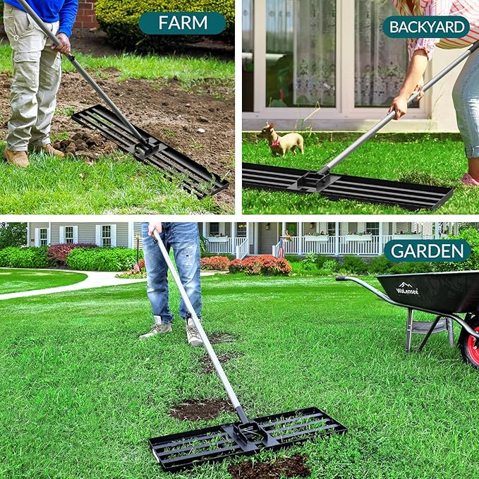 Walensee Lawn Leveling Rake, 17"x10" Heavy Duty Lawn Leveler Tool with 6.5FT Steel Handle, Levelawn Landscape Rake for Topdressing, Soil, Sand, Dirt, Small Yard, Garden, Golf Course