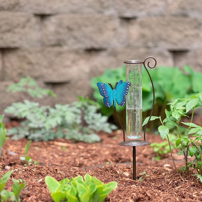 La Crosse 704-4645B 5 inch Capacity Glass Blue Butterfly Rain Gauge with Ground Rod