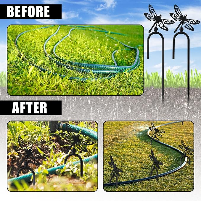 MorningRo 6 Pcs 8 Inch Garden Hose Guide Spike Metal Garden Stakes Holder Heavy Duty Metal Hose Guide for Plant Protection Lawn Yard(Dragonfly)