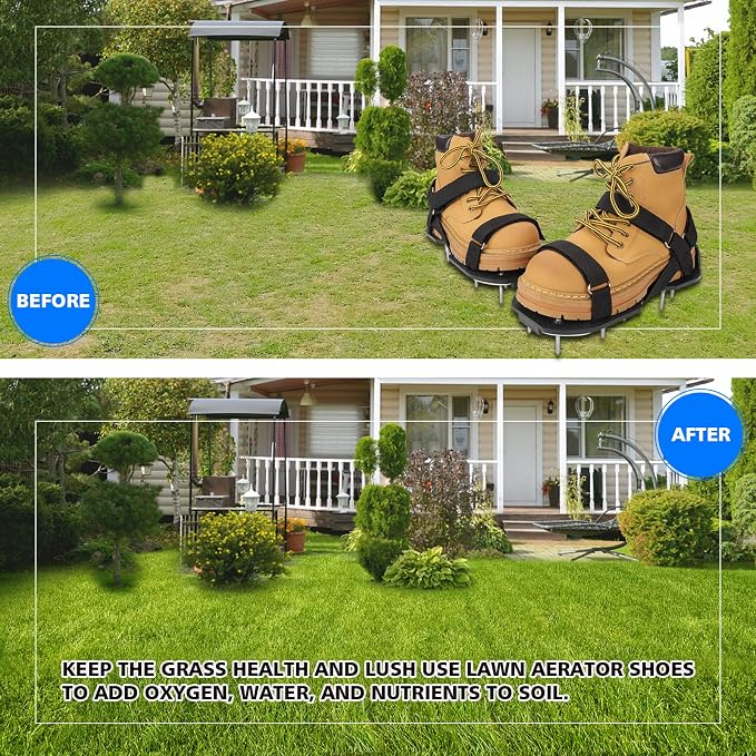 MOFEEZ Lawn Aerator Shoes for Grass - Pre-Assembled Grass Aerator Shoes for Lawn - Soil Yard Aerator Tool for Aerating Patio Garden, Black, Medium