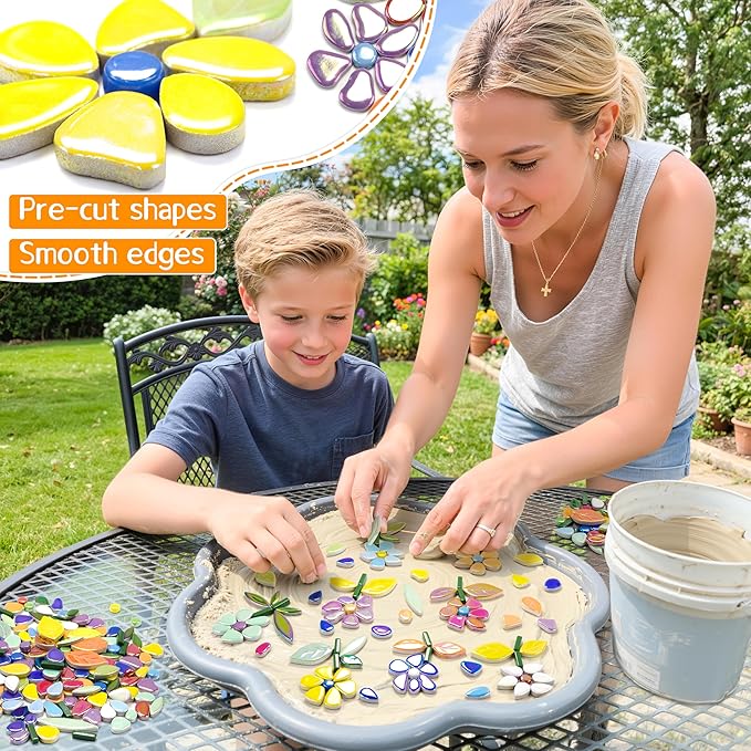 LOTOFUN Mosaic Tiles for Stepping Stones: Ceramic Iridescent 610g Mosaic Tiles for Crafts Bulk with Petals Centers Leaves Stem Decorative Flower Mosaic Supplies for DIY Garden Decor Mother’s Gift
