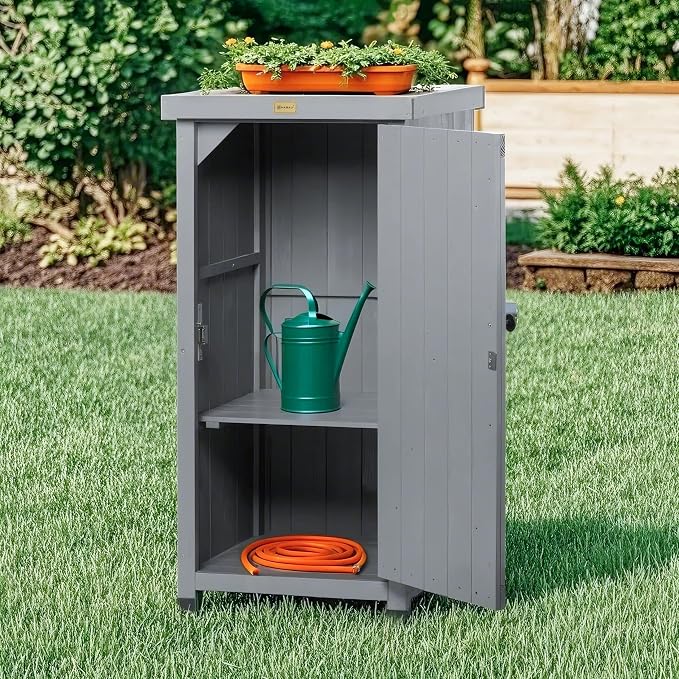 HABAU Outdoor Storage Cabinet for Patio, Garden Potting Bench Table with Shelves & Metal-Tabletop, Wooden Planting Work Station, Weatherproof