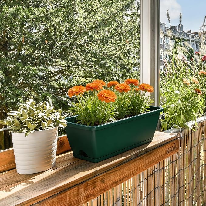 Balcony Planters Railing Hanging, Deck Railings Planter Boxes 16.9in, Railing Planter Box, Deck Planters for Railings, Railing Flower Box with Metal Brackets, Black Green